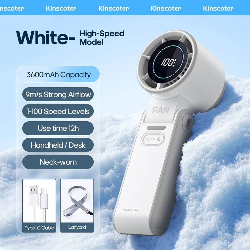 Kinscoter Mini Handheld Cooling Fan LED Display 3600mAh Foldable Portable Fan 100 Wind Speed w/ Lanyard for Outdoor Travel Gift