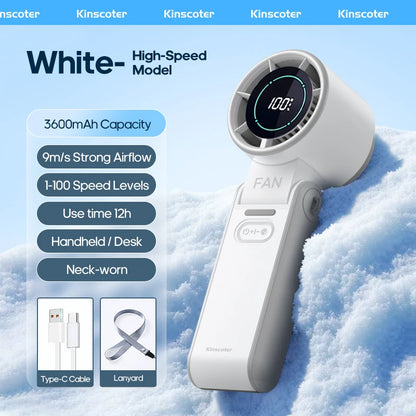 Kinscoter Mini Handheld Cooling Fan LED Display 3600mAh Foldable Portable Fan 100 Wind Speed w/ Lanyard for Outdoor Travel Gift