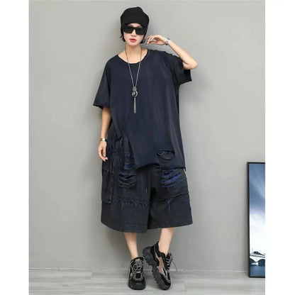 Trendy Cool Fashion Top Women Distressed Asymmetrical Mid-length T-shirt Loose LX5861