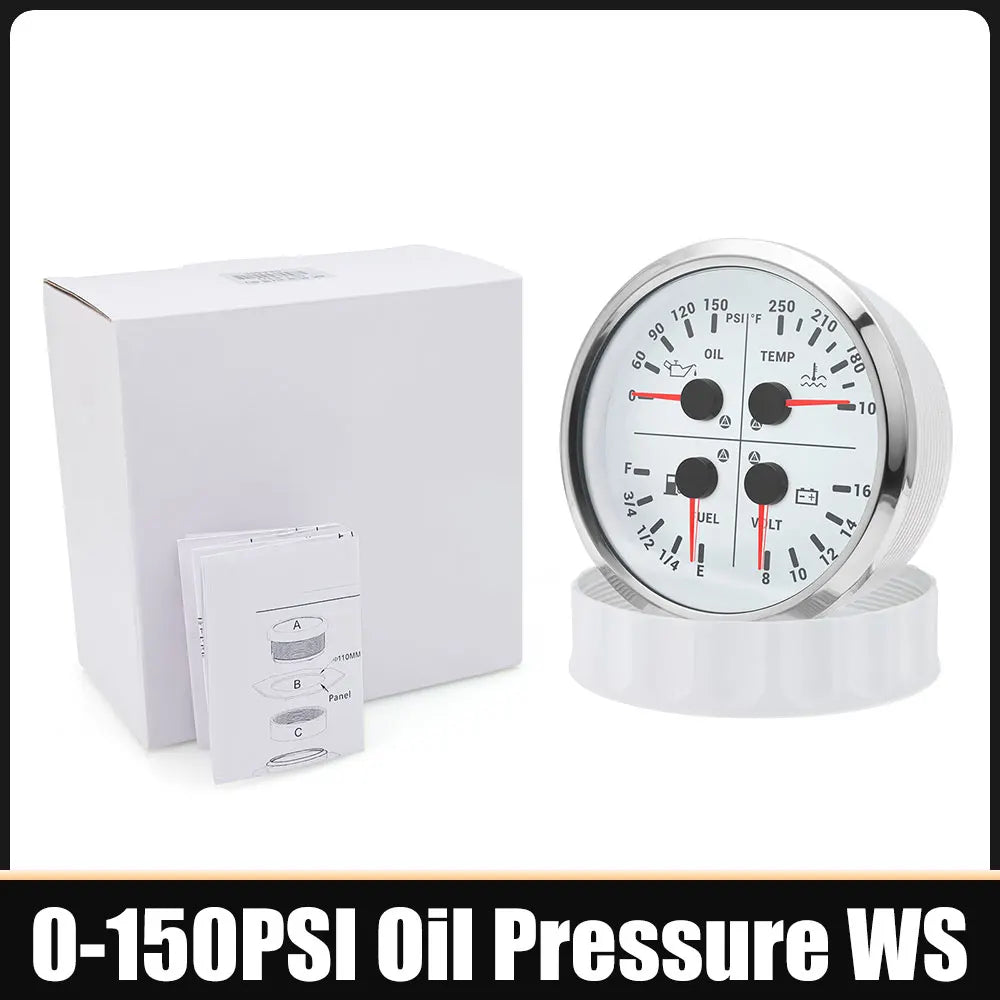 110mm 4 In 1 Gauge 0-150PSI / 0-10BAR Oil Pressure Gauge Water Temperature Fuel Level Voltmeter Light Alarm for Car Boat Yacht