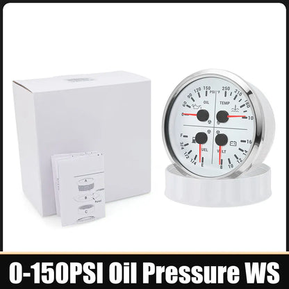 110mm 4 In 1 Gauge 0-150PSI / 0-10BAR Oil Pressure Gauge Water Temperature Fuel Level Voltmeter Light Alarm for Car Boat Yacht