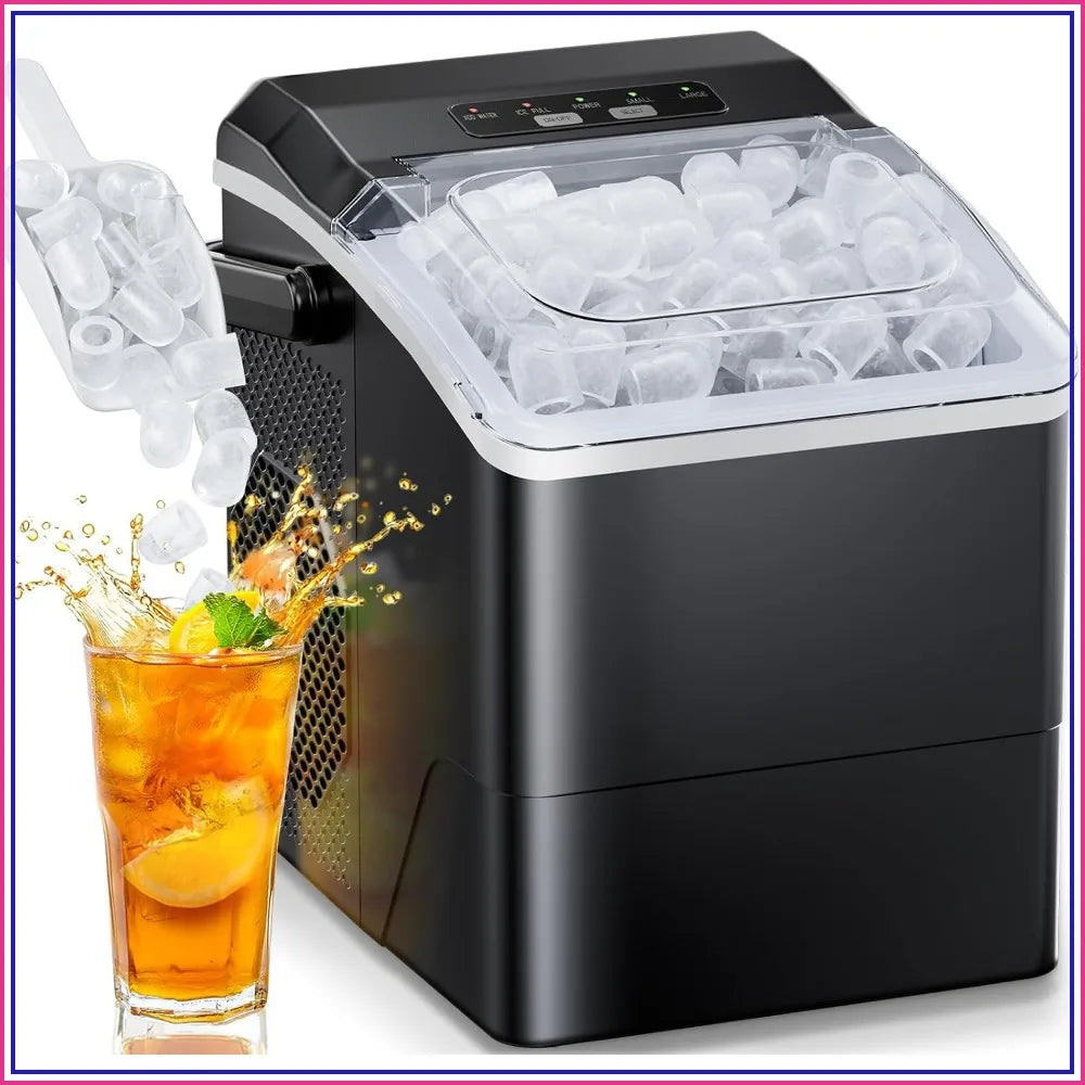 Ice Maker Countertop: 9 Cubes in 6 Mins, 26 lbs/Day, 2 Sizes, Self-Cleaning, Portable with Handle for Home, Kitchen, Camping, RV, Office, Black