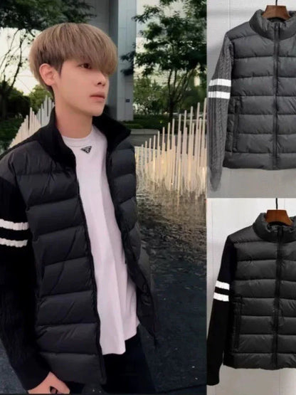 Thiened Knitted Sweater Stand Collar down Cotton Jaet Men's Winter Warm Outerwear Polyester Fiber Long Sve Casual Coat
