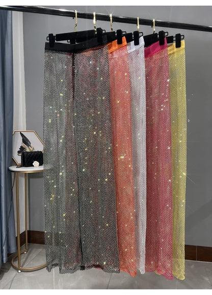 Black Trousers Y2k Pants Club Party Women's Sexy Cutout AB Color Diamond Sparkling Mesh Leggings Slim Fit Diamond Trousers