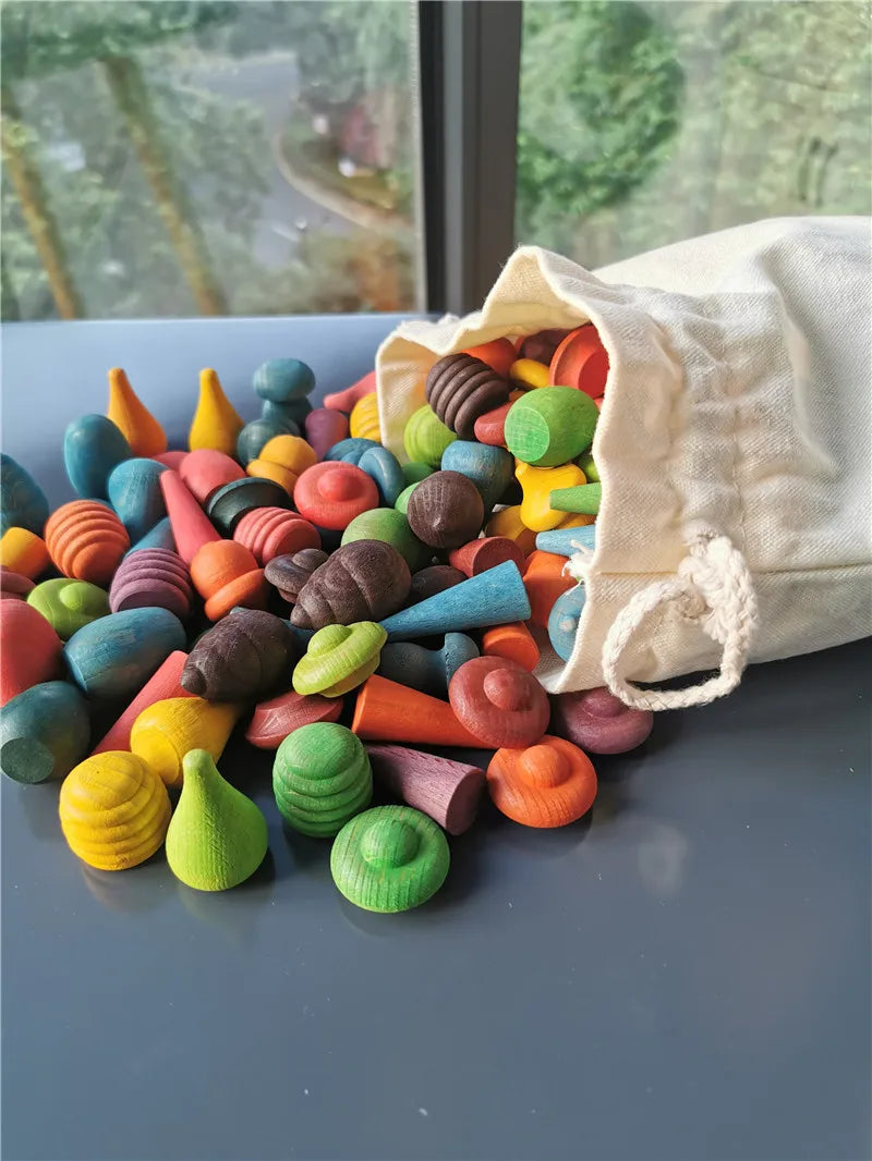Kids Wooden Montessori Toys Rainbow Loose Parts Wood Mushrooms Honeycomb Droplets Bamboo Shoots Acorns Tree Cones