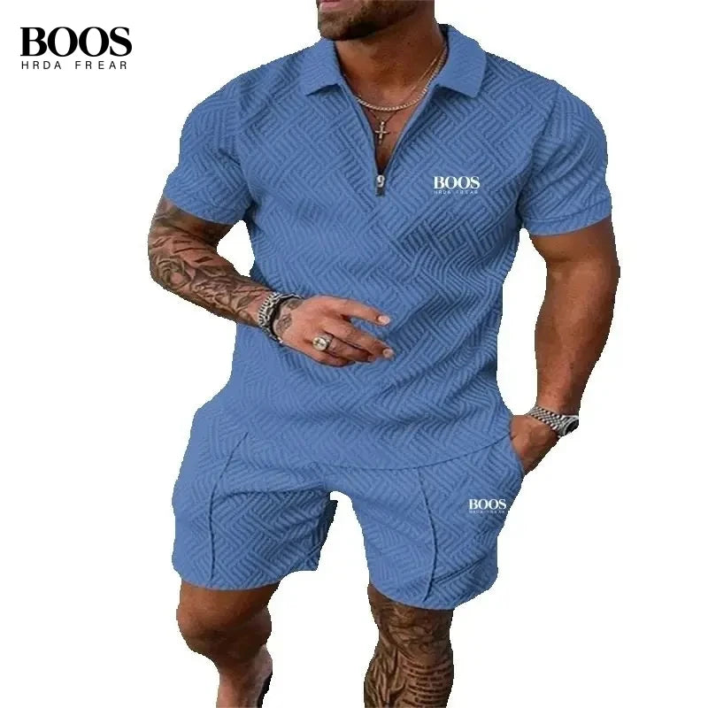 Summer Men's High-Quality Half Zipper Polo Shirt+Casual Shorts Set, Outdoor Sports and Leisure Beach Two-Piece Set