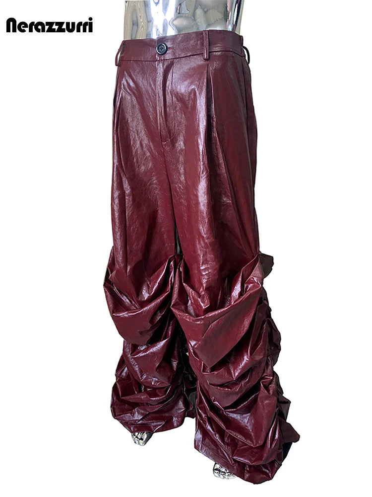 Nerazzurri Autumn Extra Long Soft Flowy Baggy Pu Leather Wide Leg Stacked  Pants for Men Luxury Designer Punk Style Streetwear