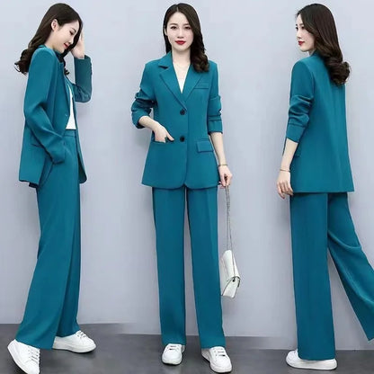 Spring 2026 plus Size Suit Set Loose Wide Leg Pants Two Piece Set Korean Style Commute Casual High Waist Polyester Fiber