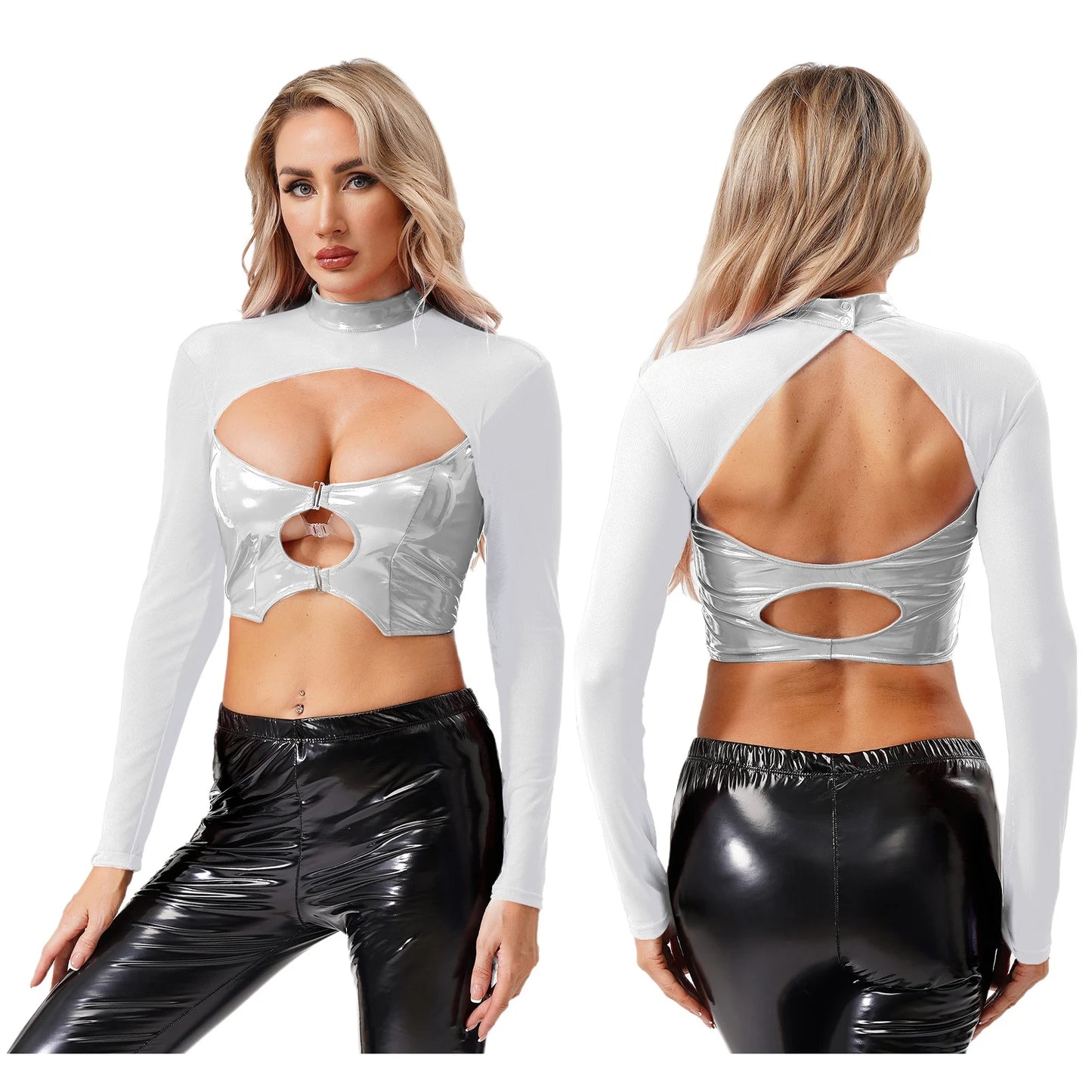 Womens Sheer Mesh Leather Patchwork Crop Top Long Sleeve Hollow Out Slim Fit Glossy Blouse Tops for Halloween Party Raves Dance