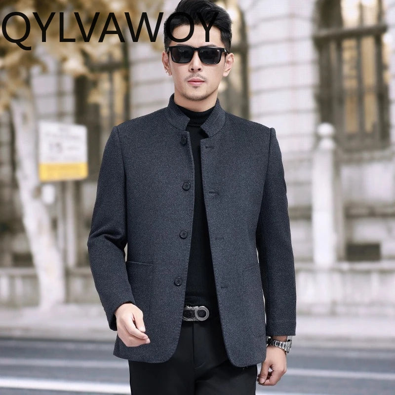 QYLVAWOY Men's Wool and Trench Coats Man Jacket Cashmere Stand Collar Jackets Goose Down Liner Thicken Clothes for Man High-end