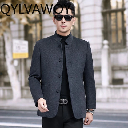 QYLVAWOY Men's Wool and Trench Coats Man Jacket Cashmere Stand Collar Jackets Goose Down Liner Thicken Clothes for Man High-end