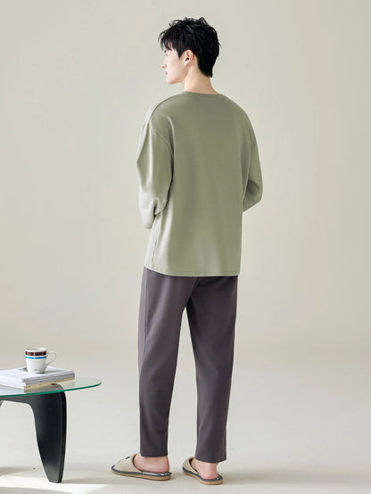 Men's 100% Cotton Long Sleeve Pajama Set, Spring Summer & All Season Plus Size Loungewear, Teen & Adult Pure Cotton Home Suit