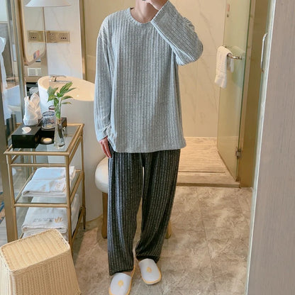 Grey Knitted Fleece Lined Long Sleeve Sleepwear Set for Men Autumn Winter Warm Home Clothes Set Large Size Comfortable Leisure