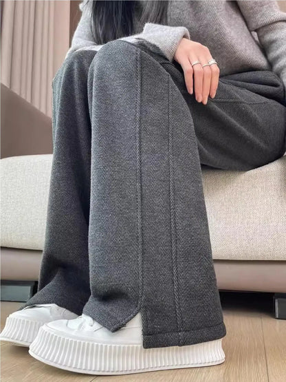 Thickened Woolen Straight Leg Pants Women's High Waist Wide Leg Trousers Autumn Winter Casual Pants Pocket Design Cotton Blend