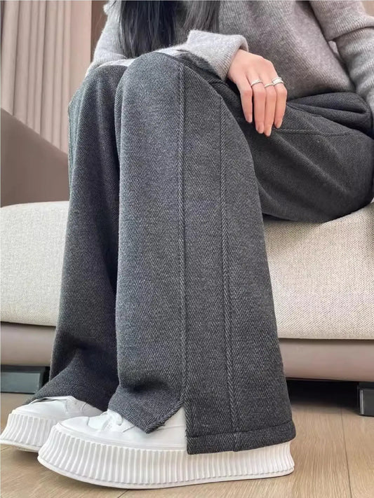 Thickened Woolen Straight Leg Pants Women's High Waist Wide Leg Trousers Autumn Winter Casual Pants Pocket Design Cotton Blend
