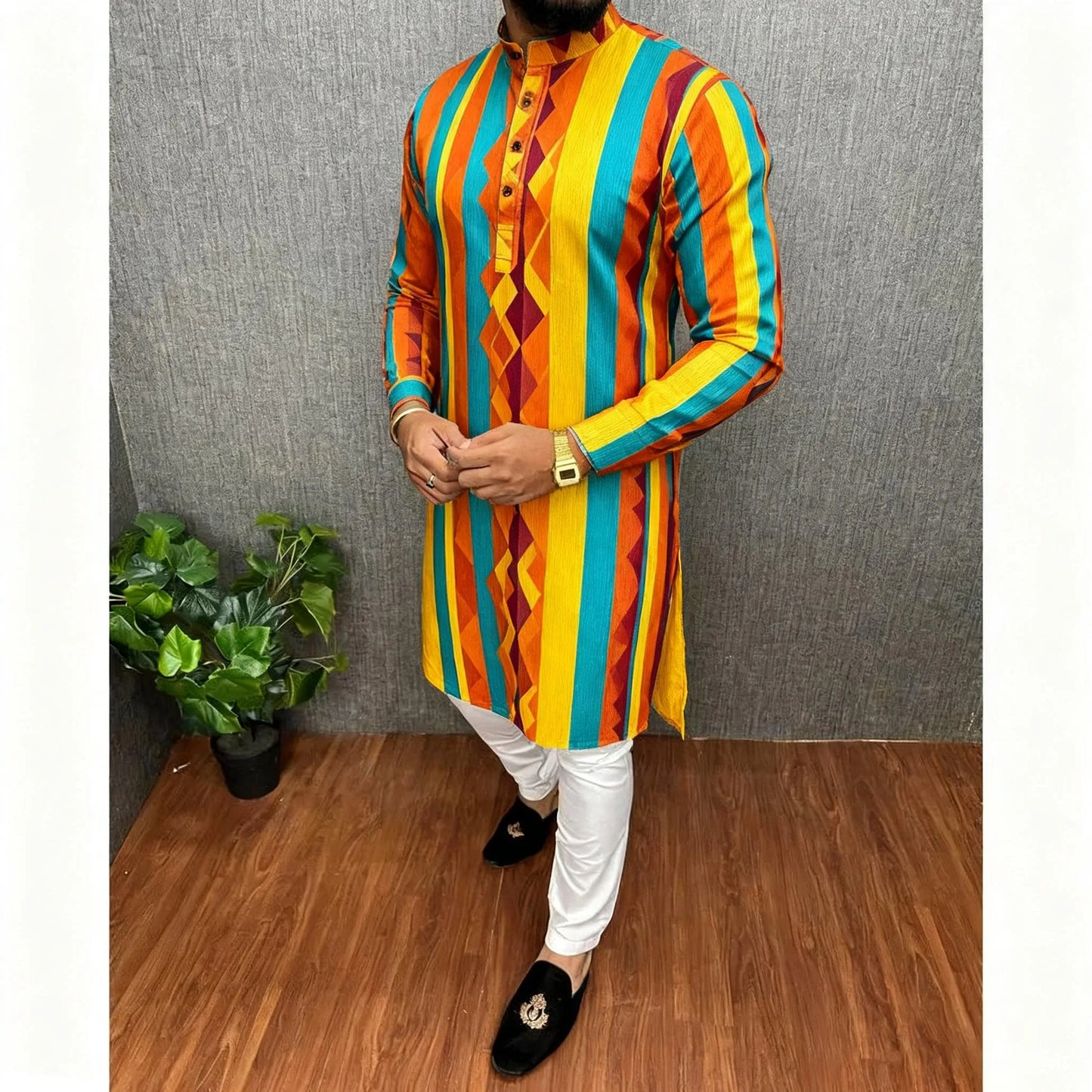 Men Islamic Arabic Abaya Robe Ethnic Print Stand Collar Youth Mid-length Shirt Luxury Coat Moslim Kleding Vestiti Musulmani Uomo