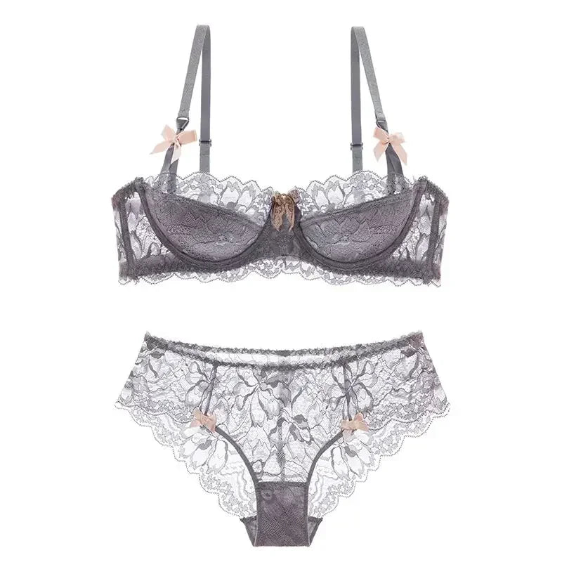 BANERDANNI French Lace Bralette Set Breathable Non-Padded Bra for Petite Sheer Floral Lingerie Wireless Comfort Anti-Gap Design