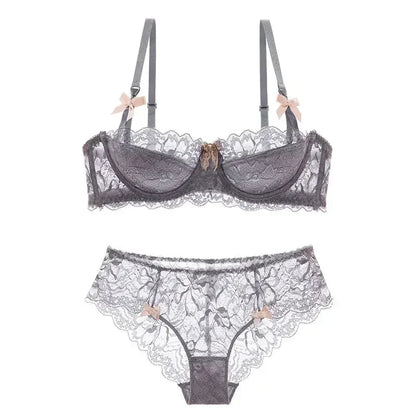 BANERDANNI French Lace Bralette Set Breathable Non-Padded Bra for Petite Sheer Floral Lingerie Wireless Comfort Anti-Gap Design