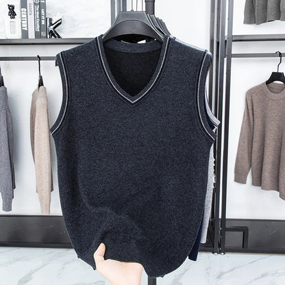 Autumn and Winter Solid Color Knitted V-neck Tank Top Men's Sleeveless Tank Top Warm Tank Top Middle Aged Shoulder Sweater