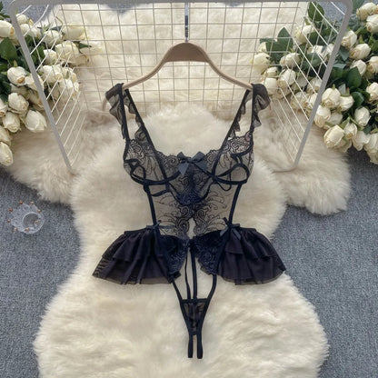 Sexy Lace Strap Jumpsuit Slim Fit Transparent Women's Pajamas Halter Playsuit Erotic Lingerie Catsuit Backless Hollowed Bodysuit
