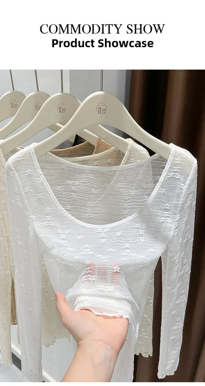 Sexy Lace Base Shirt Inner Wear Light Mesh Top Floral Trim Shoulder Exposure Thin Nylon Fabric Long Sleeve round Neck Spring ...
