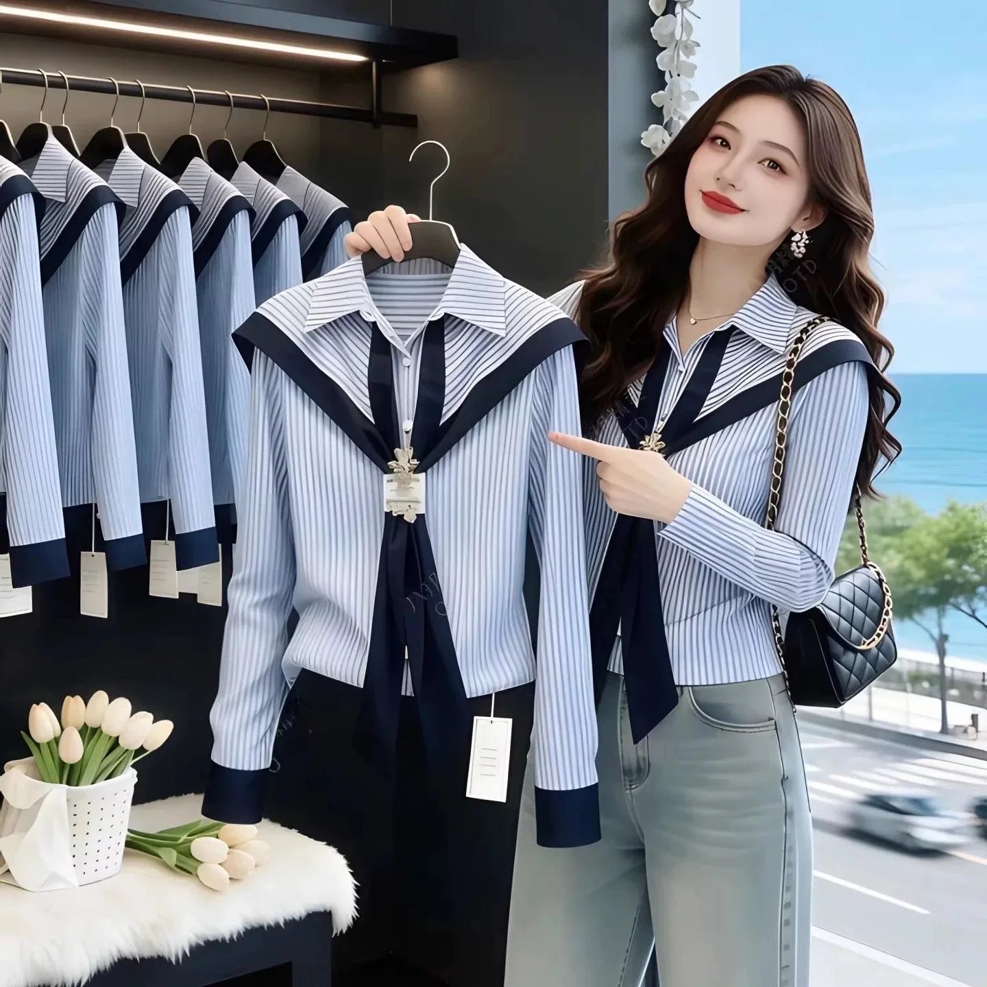 Design Stripe  Collar Shirt Women Spring Autumn White Enhancing Blue Large Size Stand Collar Slimming Top Polyester Long ...