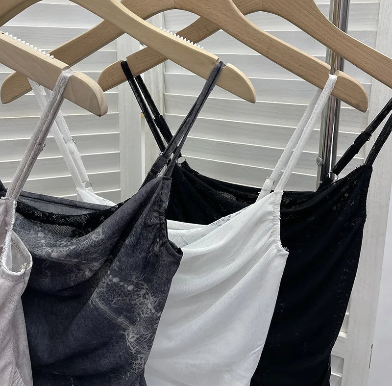 ISAROSE Summer Y2K Camisole for Women Casual Spaghetti Straps Double Layers Lace Stretch Mesh Patchwork Asymmetrical Slim Tops