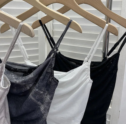ISAROSE Summer Y2K Camisole for Women Casual Spaghetti Straps Double Layers Lace Stretch Mesh Patchwork Asymmetrical Slim Tops