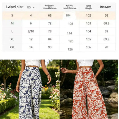 Women's Boho Tropical Leaf Print High Waist Wide Leg Pants Casual Loose Flared Trousers Elastic Waist Summer Beach Wear