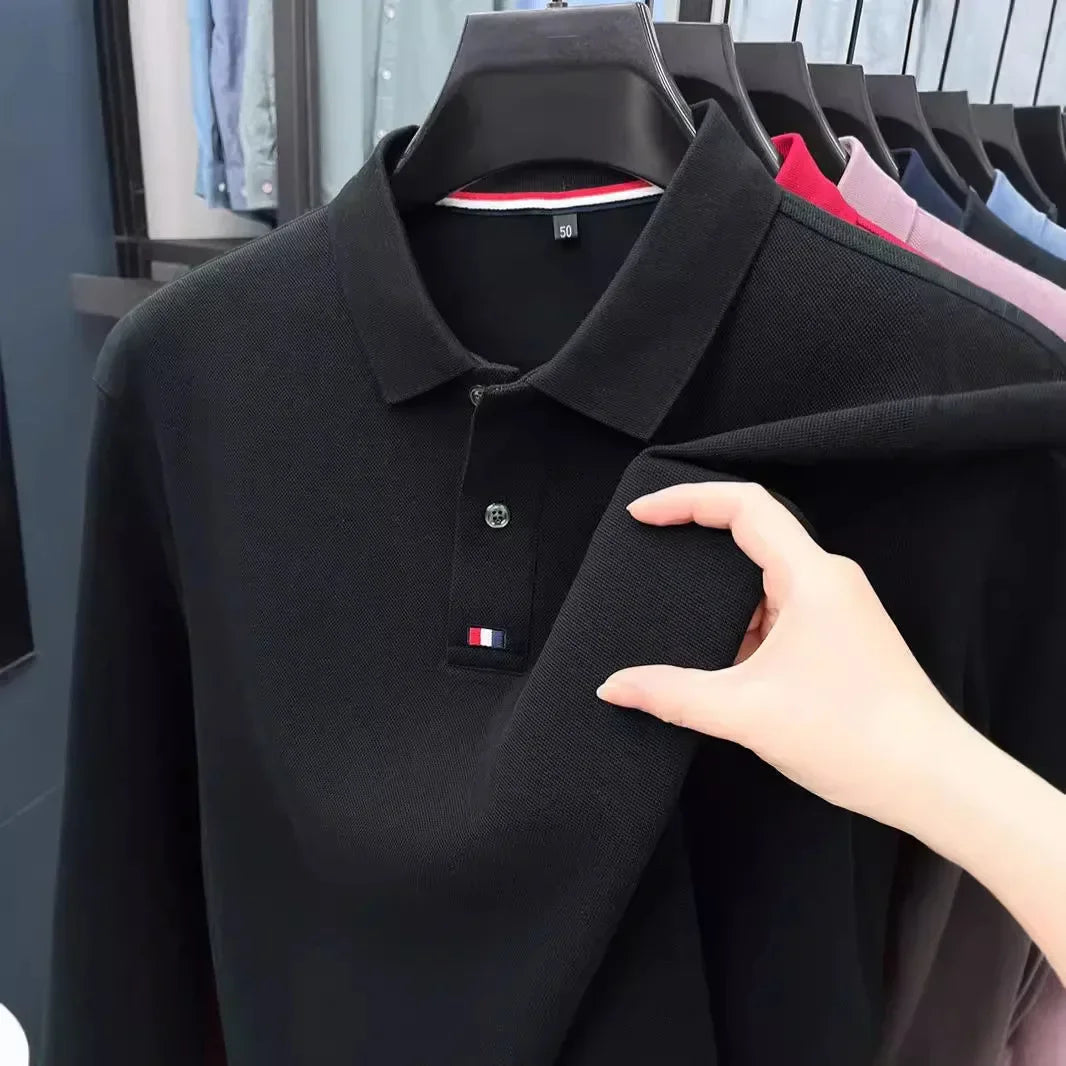 Collar T-shirt for men, long sleeved, autumn, middle-aged, business, pure cotton, casual polo shirt, top for men