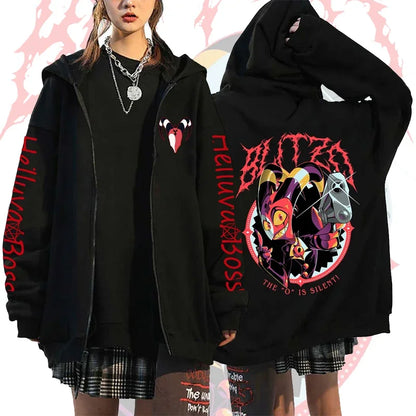 Helluva Boss Print Hooded Zipper Men Women Casual Fashion Fall Winter Warm Vintage Long Sleeve Tops Fleece Zip-Up Sweatshirts
