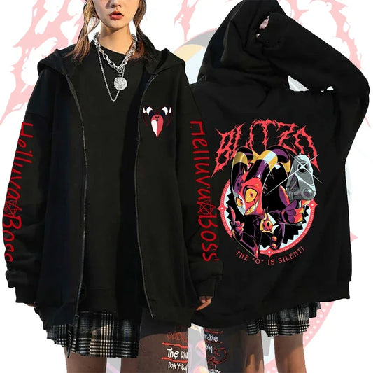 Helluva Boss Print Hooded Zipper Men Women Casual Fashion Fall Winter Warm Vintage Long Sleeve Tops Fleece Zip-Up Sweatshirts