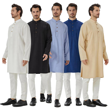 TH851 Men's Muslim Middle Eastern Men Long Sleeves Under-Knee Length Solid Color Stand Collar Robe Arab Male Jubba Thobe