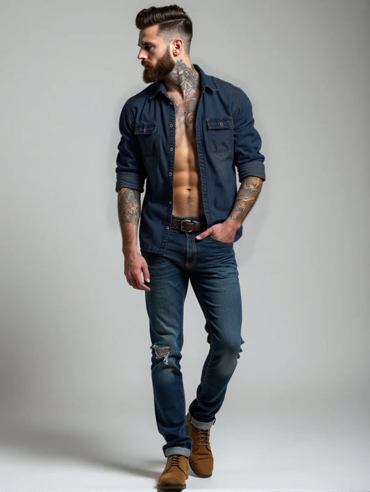 Men's Denim Shirt S-3XL Big Size Plus Size Vintage Retro Style Casual Shirts Solid Color Premium Quality