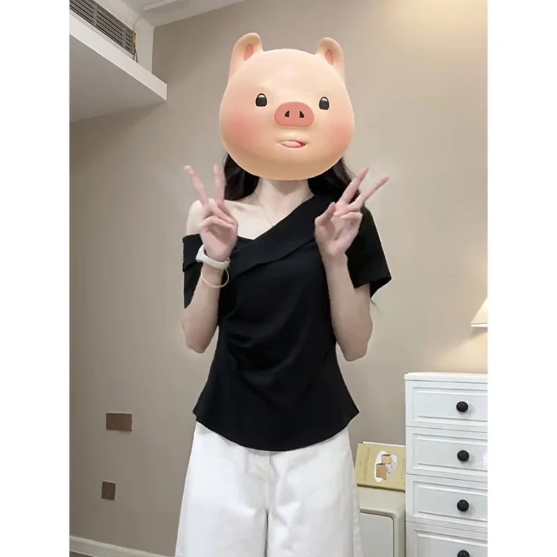plus Size Slim Fit Short Sleeve Cross Neck Shoulder Bared T-Shirt Casual Style Versatile Summer New Arrival Women's Top