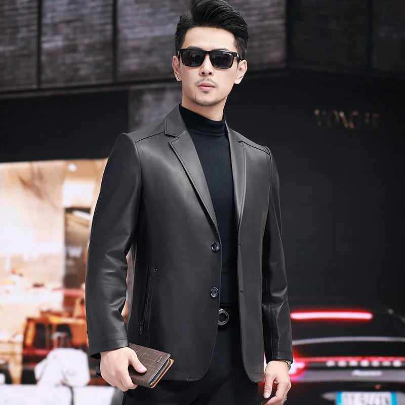 Tcyeek Real Top Layer Sheepskin Autumn Winter Black Suit Collar Men's Genuine Leather Jacket Jaqueta De Couro Masculina 가죽자켓