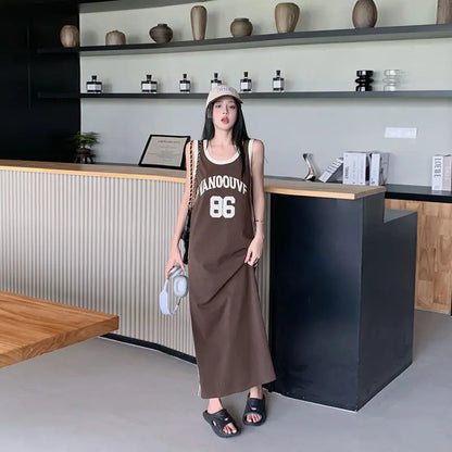 plus Size Casual Korean Style Letter Print Sleeveless Dress Women's Summer Loose Meat Concealing Long Dress Straight Cut High...