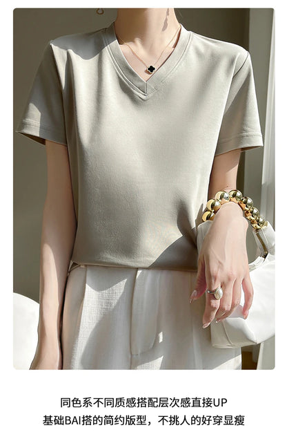 2026 Summer New Pure Cotton V-neck Short-sleeved T-shirt Women's Solid Color Joker Pullover Shirt with Loose Sleeve Bottom Shirt
