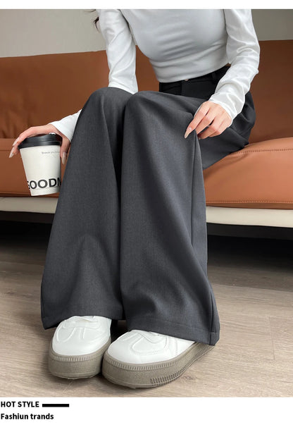 Seoulish Autumn Elegant Women's Wide Leg Pants 2024 New Korean Solid Button Casual Loose Office Full Length Trousers Female