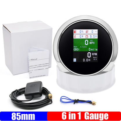 6 In 1 85mm Gauge GPS Speedometer+Tachometer+Fuel Level Gauge+Oil Pressure+Water Temp+Voltage for Car Boat Marine 12V24V Custom