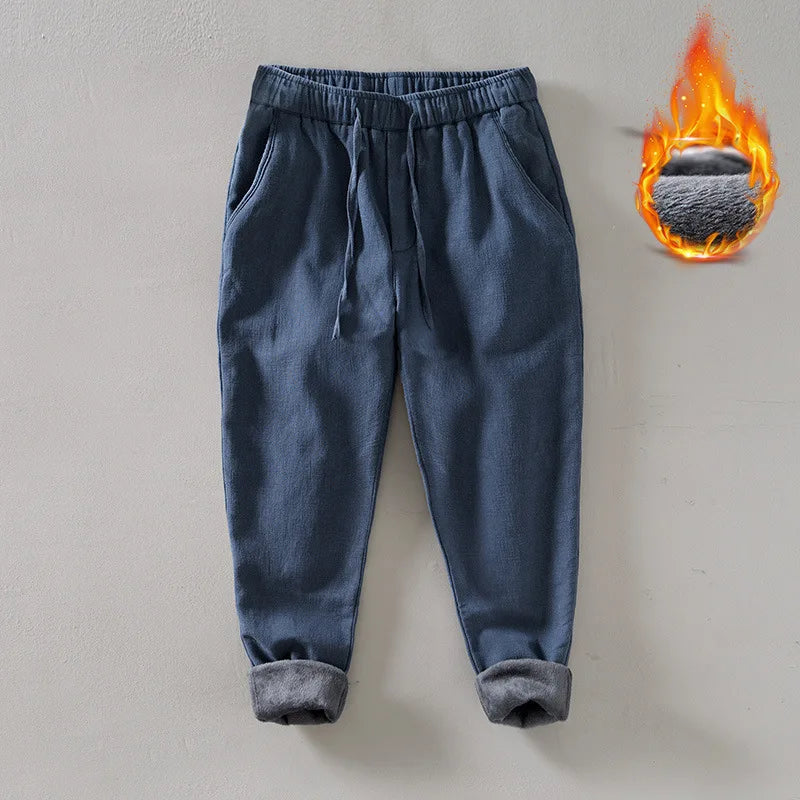 Men's Winter Fleece Lined Warm Casual Pants Loose Cotton Linen Straight Leg Trousers Youth Fashion Long Trousers Cotton 70% L...