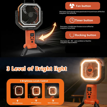 30000mAh Remote Control Camping Fan with Hook and 3 Brightness LED Lights – USB Charging Desk Fan for Outdoor Portable Fan