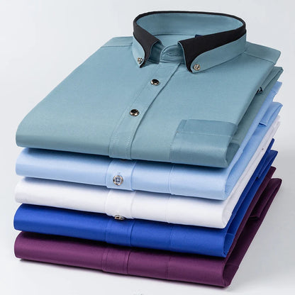 Fashion Color Contrast Men's Elastic Non-iron Long-sleeved Business Shirts Diamond Button Single Pocket Comfort Workwear Clothes