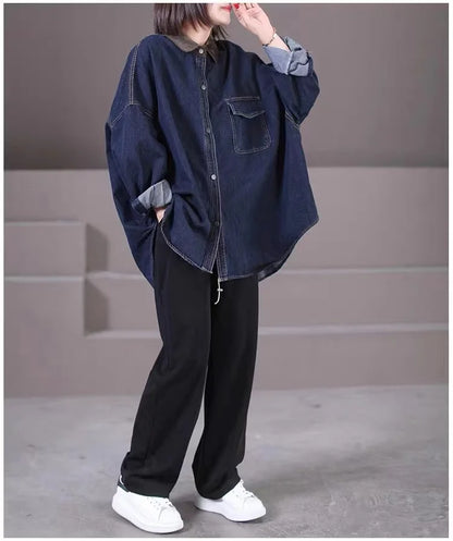 Loose Fit Women's Korean Style Corduroy Denim Shirt Jacket  Collar Splicing Oversize Outerwear Commute Fashion