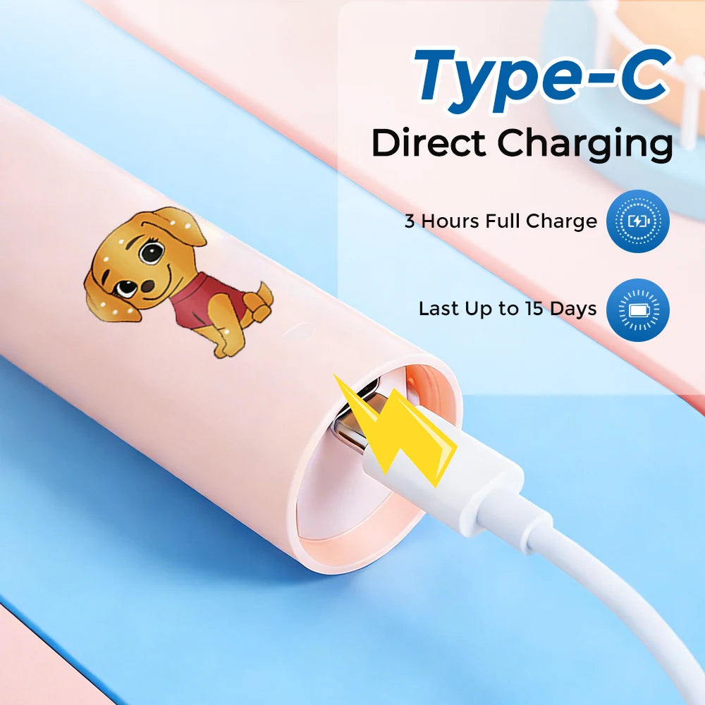  5 Modes Timer Electric Toothbrush Children Cartoon Smart Round Head Rotating Oral Teeth Cleaning Tool with Replacement Heads