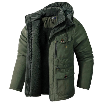 2025 Winter Men's American Fashion Versatile Hooded Cotton Jacket Thickened Multi Pocket Casual Simple Medium Length Top Coats