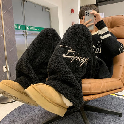 Lamb Velvet Thickened Fleece Lined Wide Leg Sporty Casual Pants for Men And Women Autumn Winter Street Style Cotton Trousers