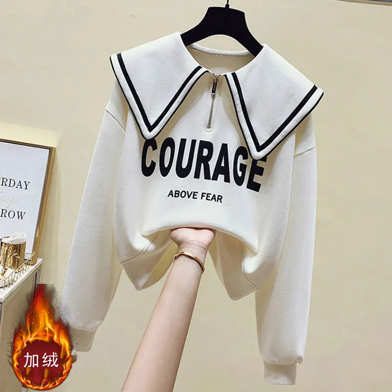 Teenage Girl's Fleece Lined Thickened Navy Collar Sweatshirt Small Size Winter Fashionable Clothing School Sweet Style Zipper