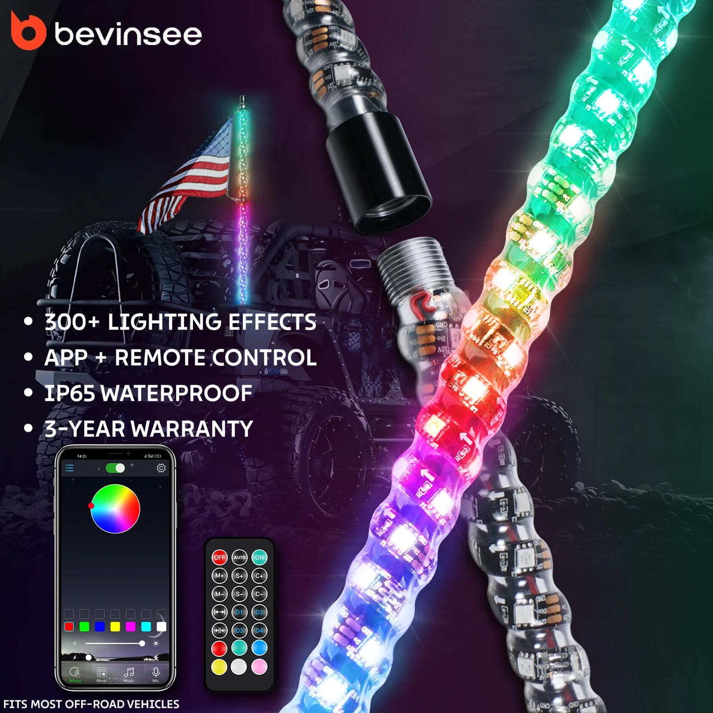 1PC 4FT 5FT 6FT Splitable LED Whip Light APP Remote Control Chasing Color for UTV ATV Polaris RZR Can-Am Maverick X3 UTV ATV RZR