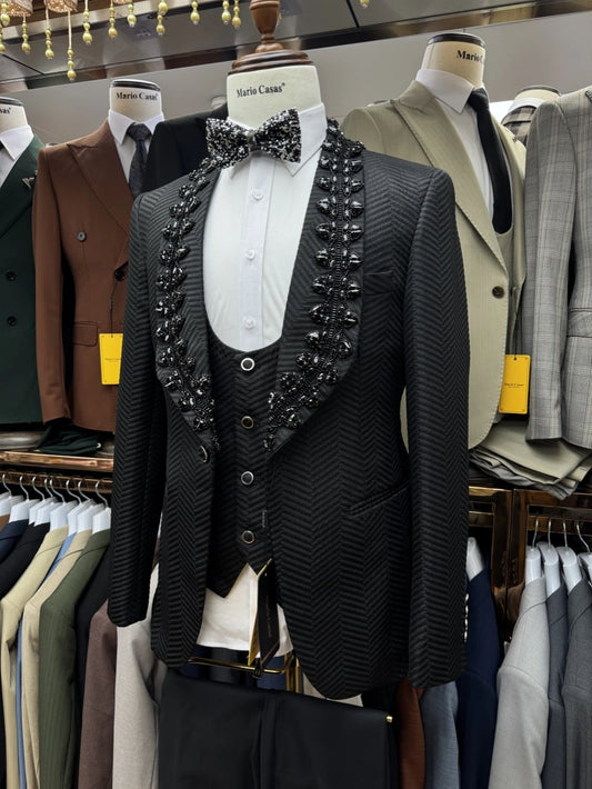Gorgeous Sparkly Beaded Men's Suit Set 3 Pieces Banquet Party Wear,Black Jacquard Slim Fit Suits For Men Wedding Groom Sets